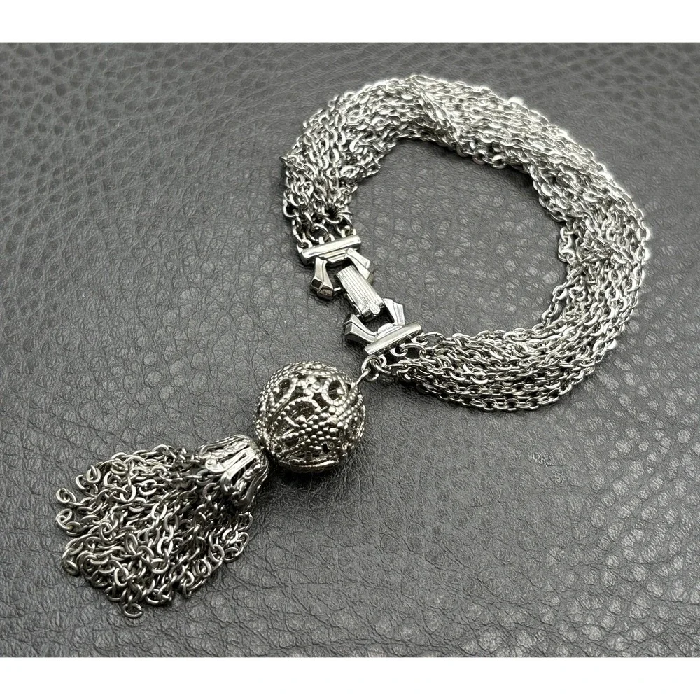 Vintage Silver Tone Multi-Strand Chain Bracelet Ornate Filigree Tassel Charm
